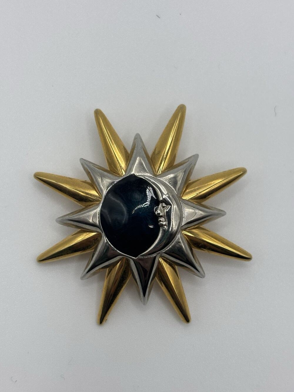 Vtg 80s Liz Claiborne Sun Moon Starburst Brooch Celestial 2 Tone Enamel